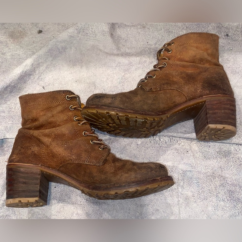 Frye Sabrina 6G Burnished Suede Brown Lace-Up Combat Heeled Boots - Picture 3 of 11